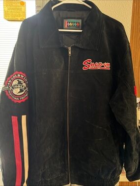 Snap-on Black Suede Bomber Jacket with Red and Cream Accents